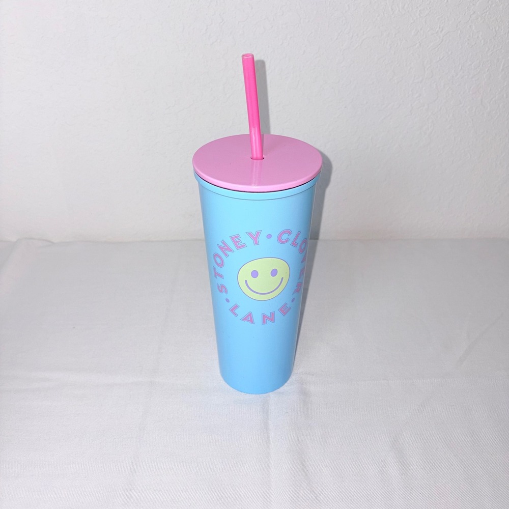 Stoney Clover Lane Blue Smiley Face Travel Tumbler Cup Pink‎ Straw Lid